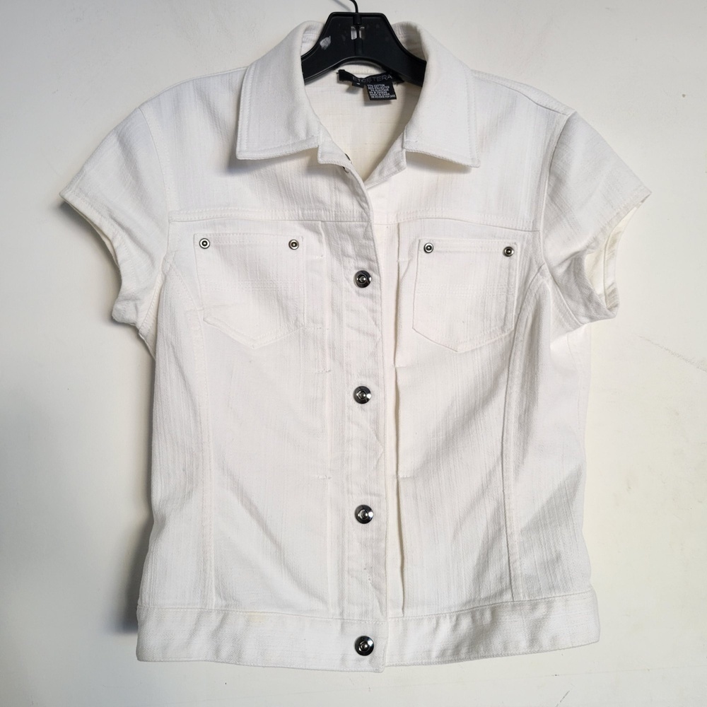 Etcetera Button Front Cotton White Denim Jean Sleeveless Vest Size 6